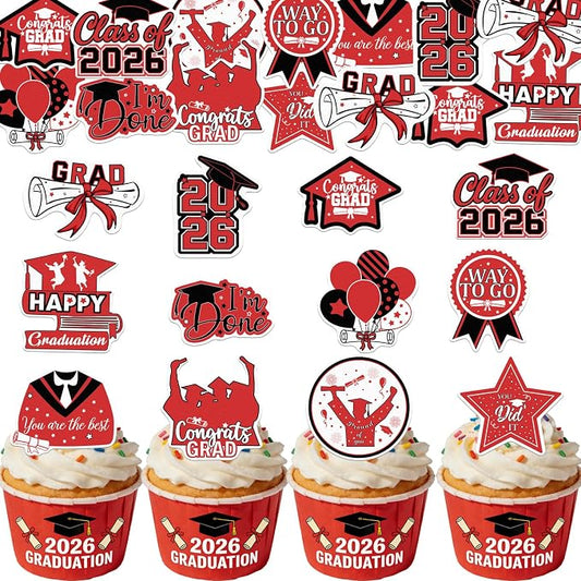 48pcs Edible 2026 Graduation Cupcake Toppers Wafer Paper Red Class of 2026 Cake Decorations Edible Congrats Grad Cupcake Picks for 2026 Graduation Theme Party Cake Supplies