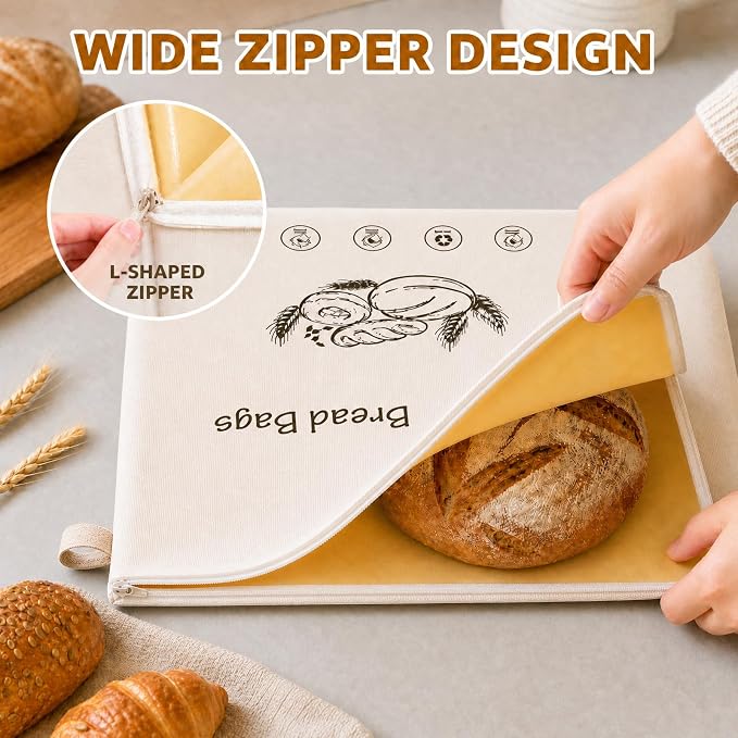 Beeswax Bread Bags for Sourdough – 2 Pack XL 13x17 Reusable Bread Storage Bag with Wide Zipper Seal, Keeps Bread Fresh Longer, Odor Resistant, Freezer Safe Cotton Linen Eco Friendly Bag
