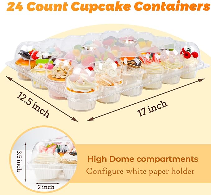 24 Count Cupcake Containers 15 Pack Cupcake Holders Plastic Clear Disposable Cupcake Containers with Detachable Tall Dome Lids and 360 Liners for 360 Cupcakes, BPA Free, Stand Size