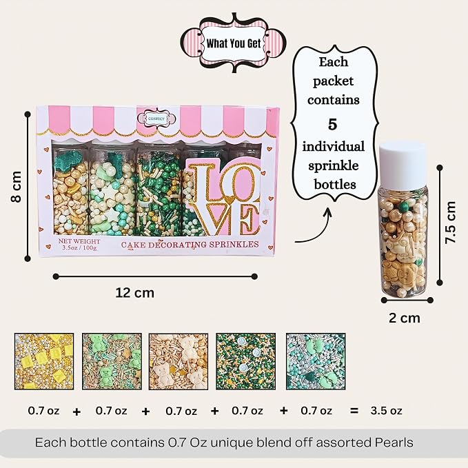 Confect Neutral Baby Shower Sprinkles | Mix Sage Green, Pearl, Lavander & Gold Sprinkles | Gender Reveal Sprinkles | Birthday Sprinkle | Assorted Pack of 5 Edible Sprinkle | Vegan, Gluten-Free, Nut-Free, Soy-Free, Dairy-Free, Palm Oil-Free - 5 Oz
