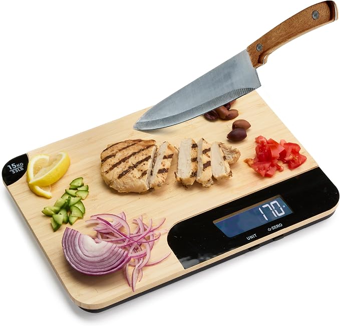 Sharper Image Bamboo Cutting Board & Digital Food Scale, 33 lb Capacity, Measures Grams & Ounces, Multi-Functional for Food Prep, Baking, Dieting, Portion Control, Kitchen Gadgets Gift
