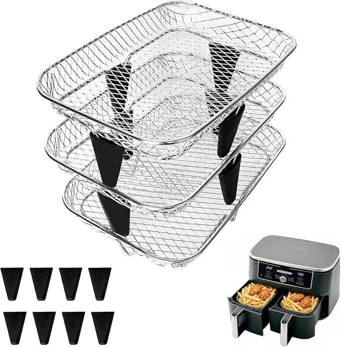 3-Tier Air Fryer Baskets, 7.79×5.23" Stackable Stainless Steel Racks for Ninja Foodi Dual Zone DZ071 DZ090 DZ201 DZ302 DZ401 DZ550 SL401, Rectangular Air Fryer Accessories with Silicone Feet