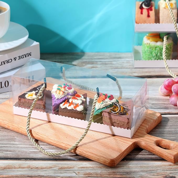 Eaasty 50 Pcs Clear Cupcake Boxes with Handles 9 x 3 x 3 Inch Portable Gable Boxes Paperboard Plastic Rectangular Cupcake Containers Dessert Cake Bakery Gift Containers for Party
