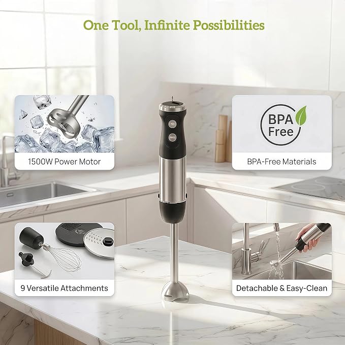 Immersion Blender Handheld 9-in-1 Hand Blender Set, Stainless Steel Stick Blender with Food Processor Bowl, Vegetable Chopper, Whisk, Masher, Baby Food Maker for Smoothies