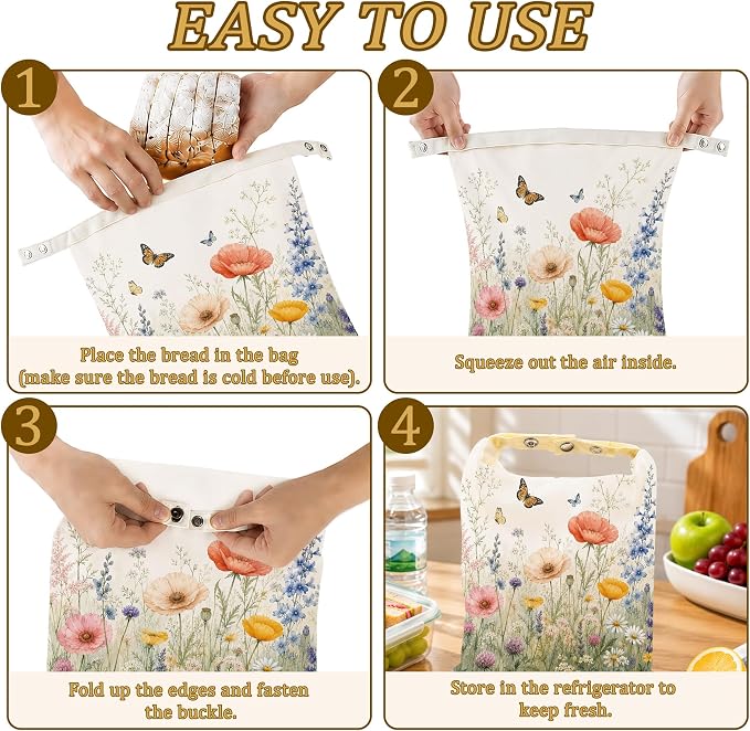 2 Pack Beeswax Wildflower Meadow Bread Bags for Sourdough, Reusable Linen Butterfly Garden Bread Bag 17x13'' Food Storage Cloth Bag Freezer-Friendly & Freshness Preservation