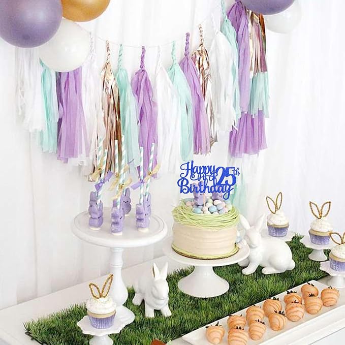 1 PCS Happy 25th Birthday Cake Topper Glitter Cheers to 25 Years Birthday Cake Pick Twenty Five 25 Fabulous Cake Decoration for Happy 25th Birthday Theme Party Decorations Supplies Blue