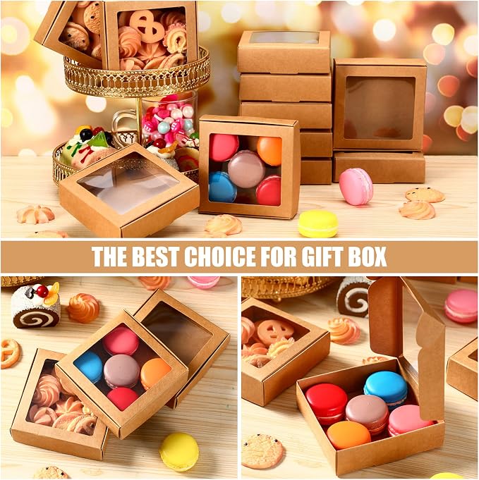 Zonon 60 Pcs Kraft Paper Boxes with Window 4.13 x 4.13 x 1.18 Inch Candy Packaging, Small Gift Boxes, Soap holder, Mini Treat Packaging for Bakery Chocolate Jewelry Display (Brown)