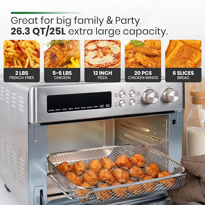 VAL CUCINA Infrared Heating 26.3 QT Air Fryer Toaster Oven, Large Countertop Convection Oven 10-in-1 Combo, 6-Slice Toast, Enamel Baking Pan Easy Clean with Recipe Book, Brushed Stainless Steel Finish