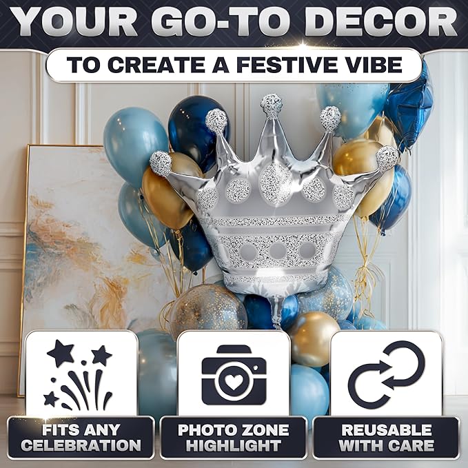 3Pcs Silver Crown Balloons – Reusable Foil Silver Balloons Set in Large 39" Size, Self-Sealing & Easy to Inflate, Durable – Suitable for Weddings, Birthday Celebrations & Princess Theme Decorations