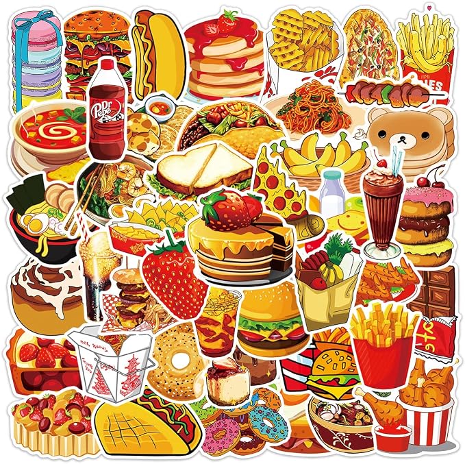 Cute Food Stickers 50PCS Fast Food Sticker Bag Waterproof Vinyl Aesthetic Decals for Scrapbook, Water Bottles, Laptops, Mobile, Skateboard, Guitar, Perfect for Kids Teens Girls