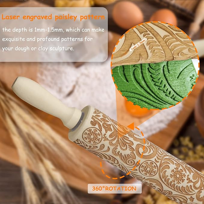 Embossed Rolling Pins Christmas Rolling Pin,3D Paisley Pattern Flower Snowflake Rattan Wooden Roll Pin Laser Engraved Rolling Pin DIY Tool for Kids and Adults to Make Cookie Dough