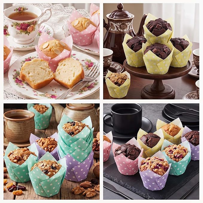 200 Pcs Pastel Tulip Cupcake Liners for Baking, Color with Polka Dot | Standard Greaseproof Tulip Muffin Liners for Baking, 3oz Paper Cupcake Wrappers for Party Wedding Birthday