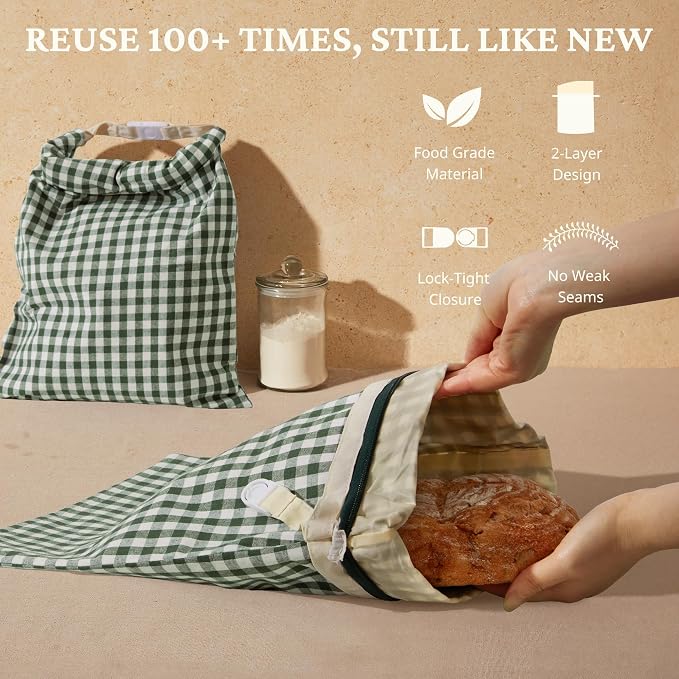 BRONYPRO Reusable Beeswax and Linen Bread Bags with Zipper, 2-Pack Waxed Bread Bags for Homemade Bread & Sourdough, Sustainable Loaf Storage to Lock in Freshness, Large 17x12.6in, Green Gingham