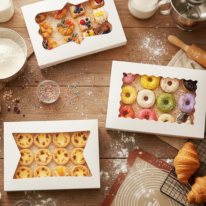 Moretoes 60pcs 16x11x2.5 Inch Cookie Boxes (Not Popup), Bakery Boxes with 3 Style Window for Pastries, Pies, Muffins, Chocolate Covered Strawberries