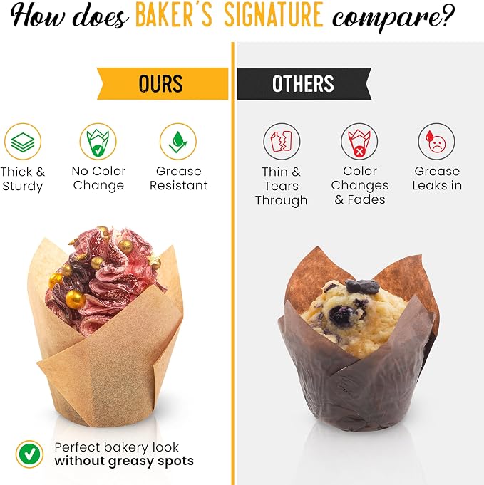Tulip Cupcake Liners, Muffin Liners for Baking by Baker’s Signature – 200pcs of Parchment Paper Cups Cupcake Wrappers – Perfect Size, Sturdy, Greaseproof & Easy to Use – Wedding Decor – Natural Brown