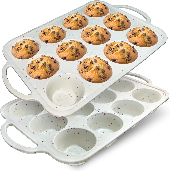 RICCLE Silicone Muffin Pans for Baking with Metal Reinforced Frame, 12-Cup Cupcake Pan, 2 Pcs Muffin Trays for Cupcake Baking, Tray Molds, Oven & Dishwasher Safe, BPA-Free (2 x Regular)
