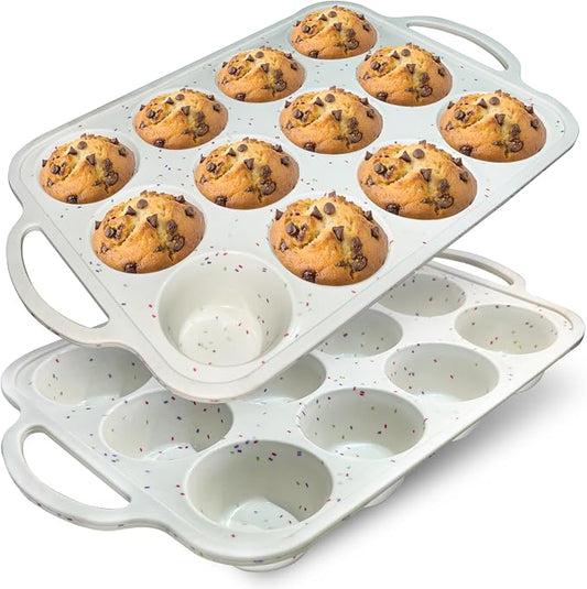 RICCLE Silicone Muffin Pans for Baking with Metal Reinforced Frame, 12-Cup Cupcake Pan, 2 Pcs Muffin Trays for Cupcake Baking, Tray Molds, Oven & Dishwasher Safe, BPA-Free (2 x Regular)