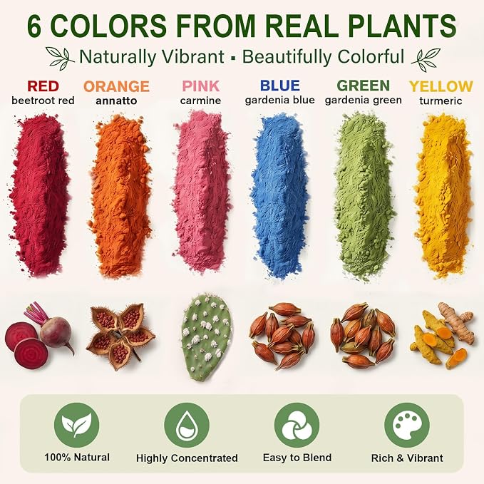 Natural Food Coloring Powder Set - 6 Colors Natural Food Coloring Powder, Free from FD&C Dyes & Artificial Colors, Naturally Derived Food Color Powder, Gluten Free, Concentrated Formula for Baking, Frosting, Icing, Cookies, Macarons & Drinks
