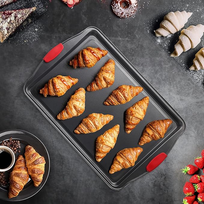 Eatex Nonstick Baking Sheet Set, 2-Piece Baking Pans Set with Silicone Handles, Carbon Steel Cookie Sheets for Baking Commercial Grade Quality Oven Tray, Large Half Sheet Pans for Baking