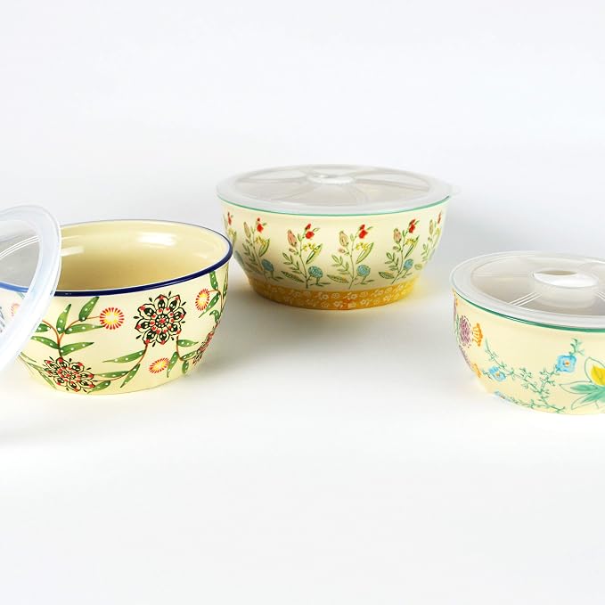 Euro Ceramica Ella 3 Piece Nesting Storage Bowls Set with Lids Assorted Multicolor Asian Floral Design, 82Fl oz