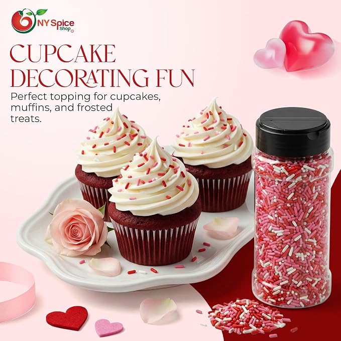 NY Spice Shop Red, White & Pink Sprinkles - 3.5 Ounce Red, White & Pink Sprinkles Decorative Sweet for Treats - Sprinkles for Cupcake, Cookies, Cakes & Dessert Decorating