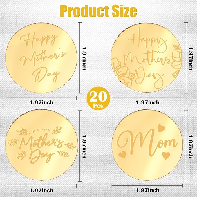 20pcs Gold Happy Mothers Day Cupcake Toppers Mirror Acrylic Mom Cake Disc for Mothers Day Cake Decorations DIY Gift Flower Bouquet Decor