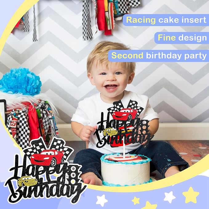 MEMOVAN Car Birthday Cake Topper Race Car Cake Decoration for Boy Girl Man Racing Car Checkered Flag Themed Birthday Party Supplies Double Sided