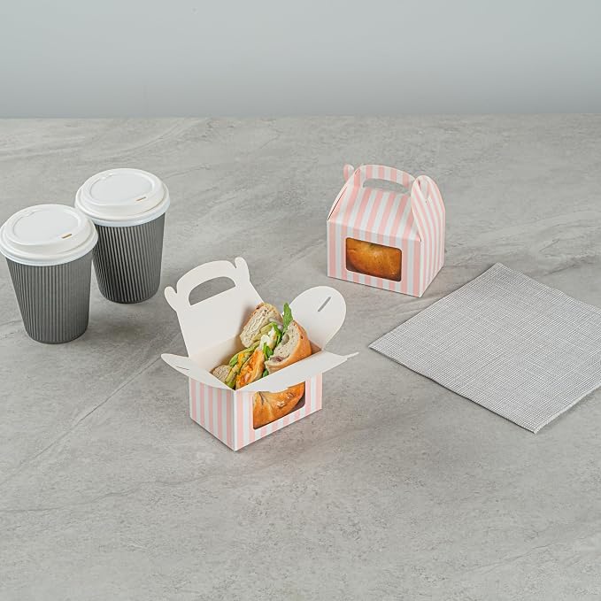 Bio Tek 4 x 2.5 x 2.5 Inch Gable Boxes For Party Favors, 25 Attractive Gift Boxes - Striped Pattern, Pink And White Paper Barn Boxes, Clear PET Window, With Built-In Handle