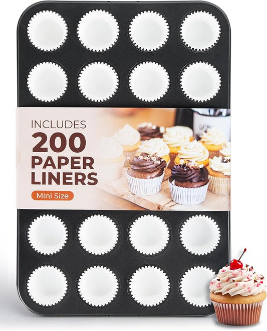 CARTMAN 24-Cup Mini Muffin Pan with 200 Paper Liners, Non-Stick Carbon Steel Mini Muffin Tin for Even Baking, Ideal for Cupcakes, Egg Bites, and Party Treats