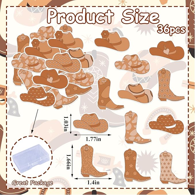 36PCS Edible Cowboy Cupcake Toppers Wafer Paper Brown Horse Boots Hat Cupcake Picks Edible Rodeo Cake Decorations for Western Horse Racing Theme Birthday Baby Shower Party Supplies