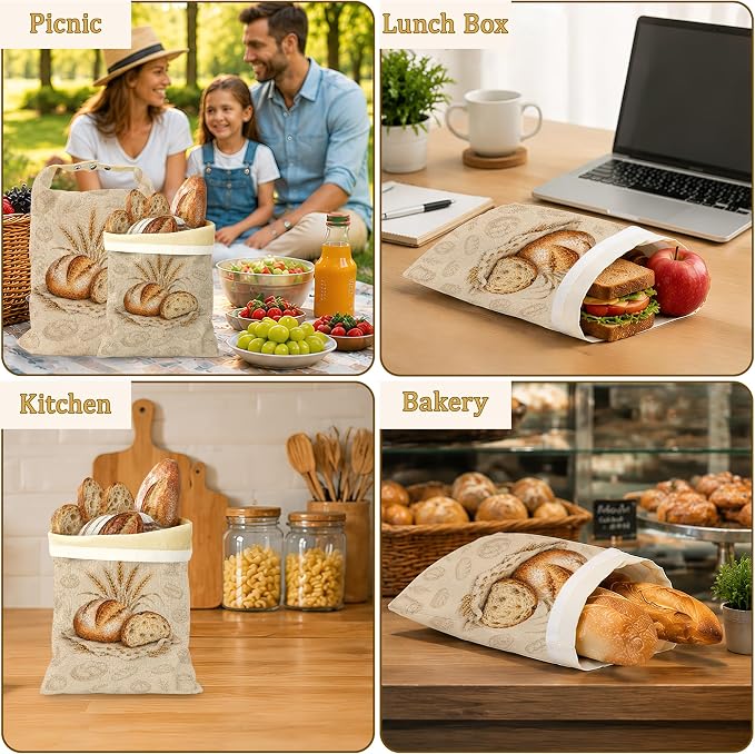 2 Pack Reusable Beeswax Bread Bags, Sourdough Bread Storage for Homemade, Freezer Storage Bag to Keep Fresh, Baguette Bag with Beeswax Liner Kitchen Baking
