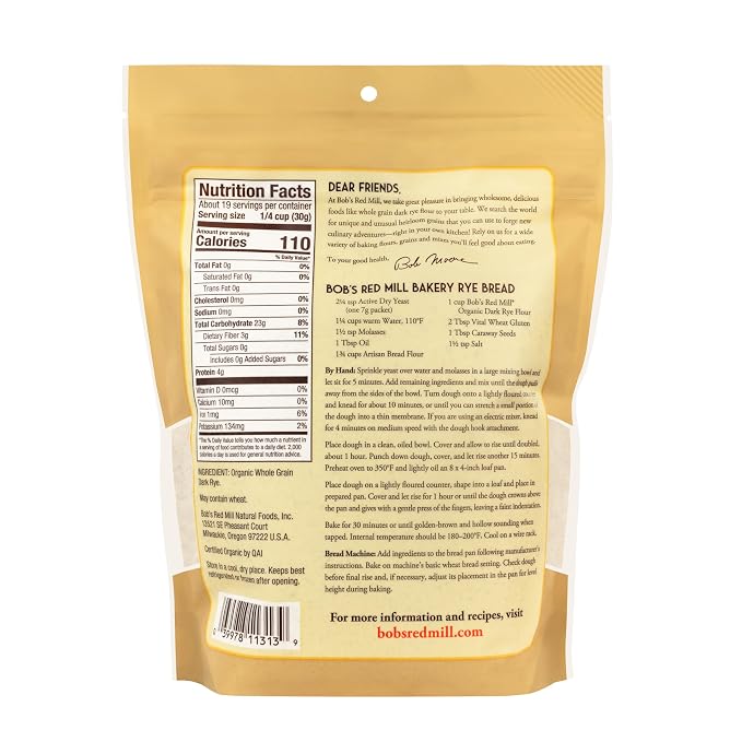 Bob's Red Mill Organic Dark Rye Flour, 20oz (Pack of 4) - Organic, Non GMO, Whole Grain, Vegan, Kosher
