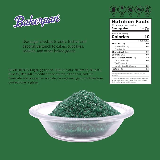 Bakerpan Forest Green Sugar Sprinkles for Baking - 7 oz Coarse Sparkling Decorating Sugar Crystals for Baking Topping, Cookies & Cupcakes | Kosher, Gluten-Free, Made in USA