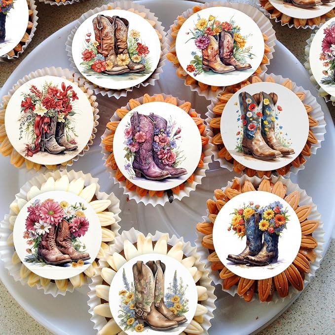 36PCS Edible Floral Horse Boots Cupcake Toppers Wafer Paper Pop-up Derby Horse Racing Cake Picks Edible Rodeo Western Boots Cupcake Toppers for Jockeys Equestrian Theme Supplies