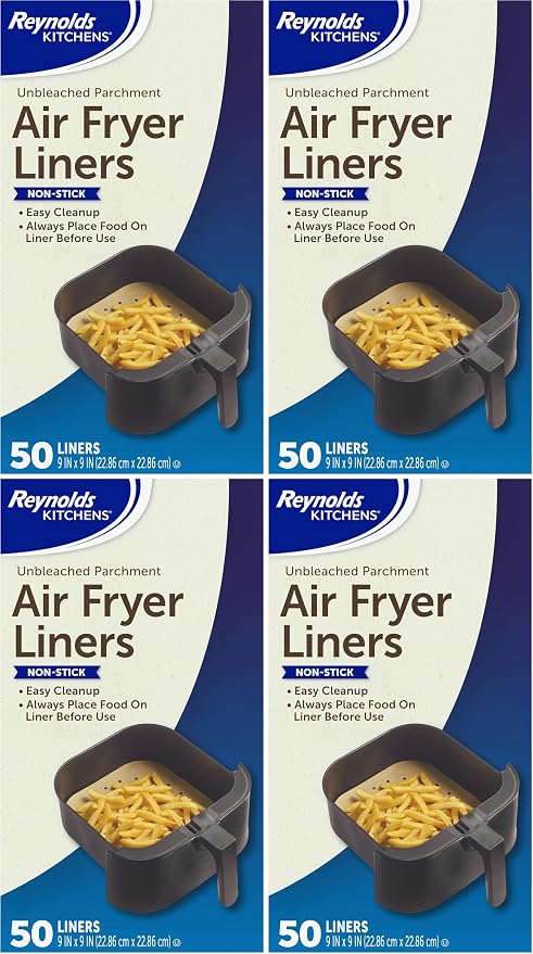 Reynolds Kitchens Air Fryer Liners Disposable, Unbleached Parchment Paper Sheets, 50 Count (Pack of 4)