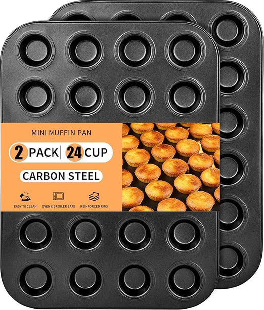 2 Pack 24-Cup Mini Muffin Pan, Heavy-Duty Carbon Steel Nonstick Baking Pan, 1.26” Extra Small Size Cups, Compact 10.43” x 7.28” Design, Oven & Dishwasher Safe (Black)