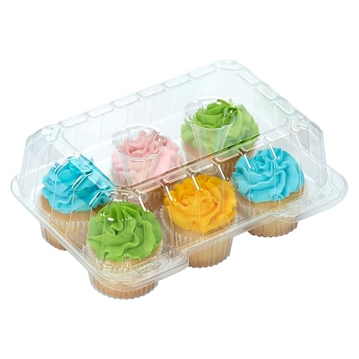 Decony Cupcake Boxes 6 Count [ MADE IN USA ]- Clear Plastic Cupcake Containers with 4" High Dome Lid- Durable Cupcake Holders- Each Cup Cake Box Holds 6 Cupcakes- 12 Pack