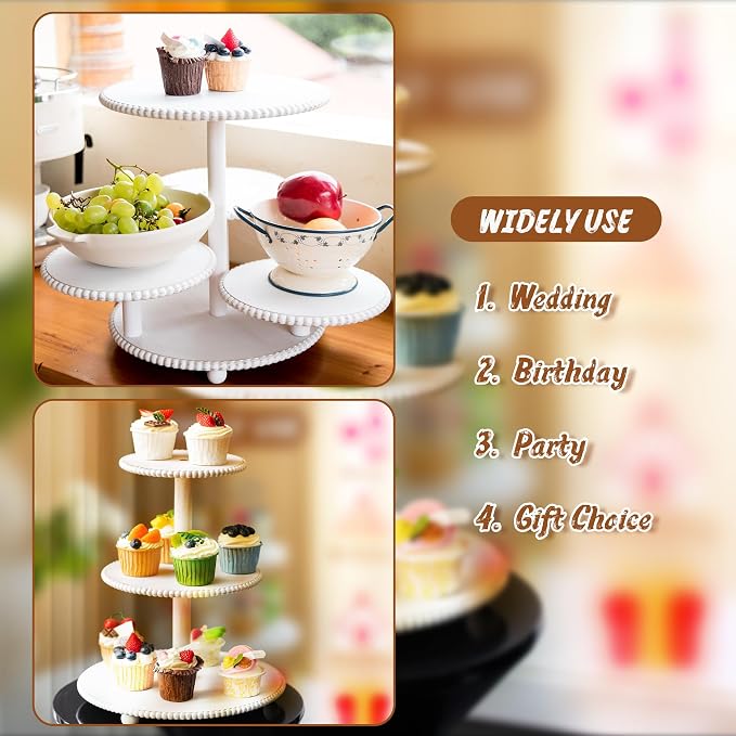 GENMOUS 2PCS 3 Tier and 4 Tier Beaded Cupcake Stand Set for Birthday Party Decor,Rustic Wooden Cupcake Tower Stands for 74 Cupcakes,White Cupcake Tiered Stand Display for Wedding Baby Shower Tea Party