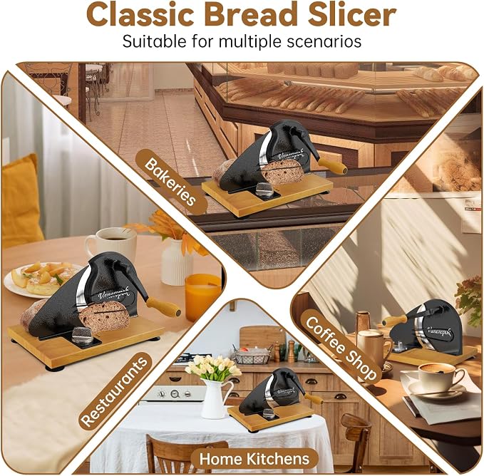 vanerepok Upgrade Manual Bread Slicer for Homemade Sourdough Bread, Classic Hand Crank Home Bread Slicer With Scale Line and Steel Fence, Sharp Blade, Adjustable Width for Homemade & Commercial Use
