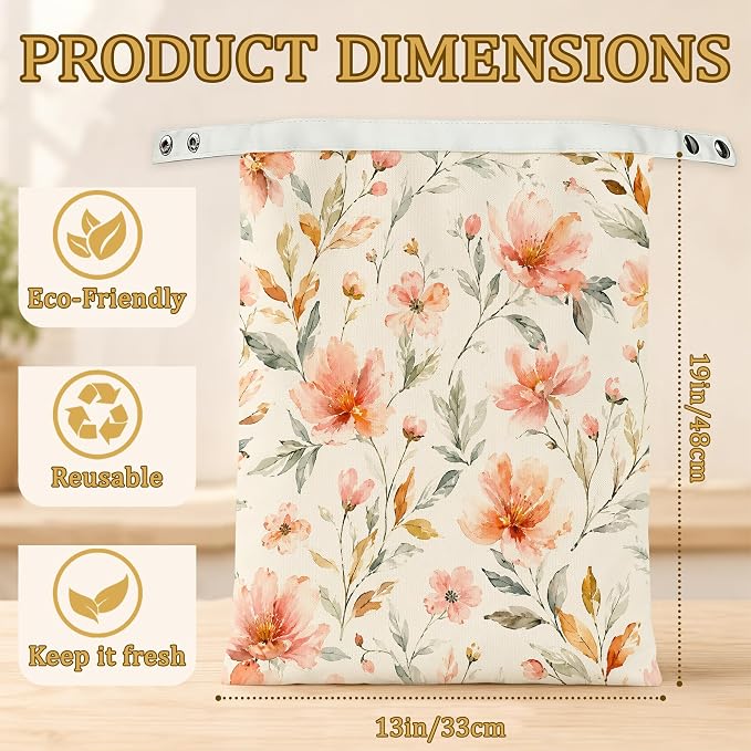 2 Pack Beeswax Linen Peach Blossom Bread Bags, Watercolor Floral Reusable Fresh Keeping Bags for Sourdough & Baguette, Freezable Portable Bread Storage Container 17×13''