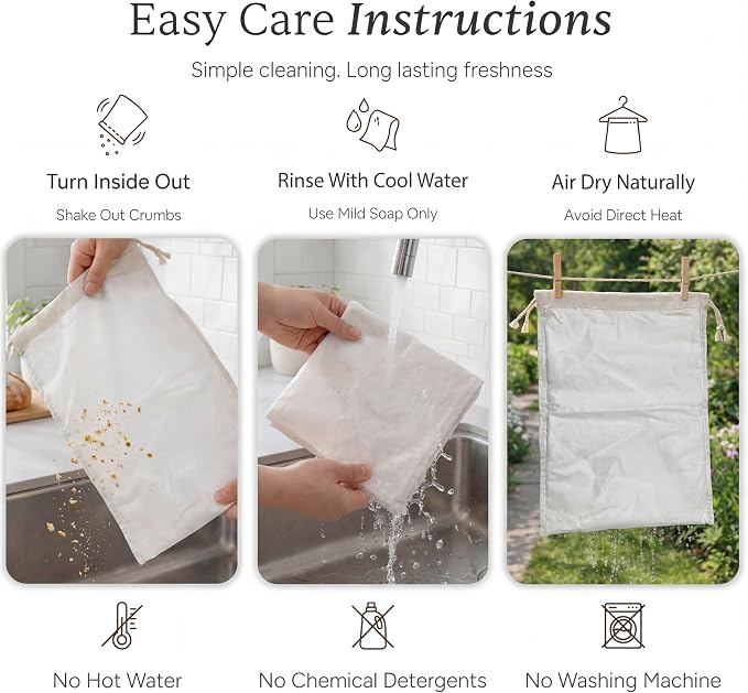 Leafico Reusable Bread Bags – 2 Cotton Storage Bags + 1 Baguette Bag with Food Safe TPU Liner – For Homemade Bread, Sourdough, Artisan Loaves – Freezer Safe & Washable Plastic Alternative