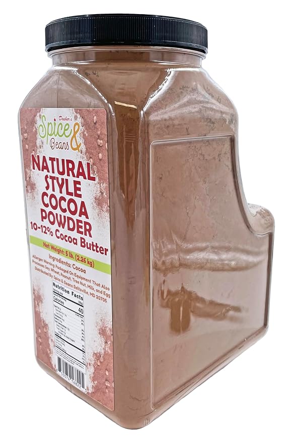 Natural Cocoa Powder 5 lb | 10–12% Cocoa Butter | Unsweetened Baking Cocoa | Bulk Resealable Container | Rich Chocolate Flavor for Cakes, Brownies, Hot Chocolate & Smoothies | Dasher’s Spice & Beans