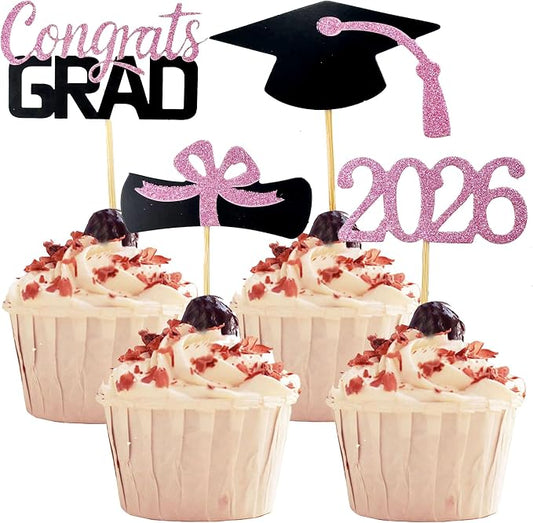 YuBoBo 2026 Graduation Cupcake Toppers, 48 PCS Food/Appetizer Picks For Graduation Party Mini Cake Decorations, Diploma, 2026, Grad Cap Set 48 Pieces (06 Pink)