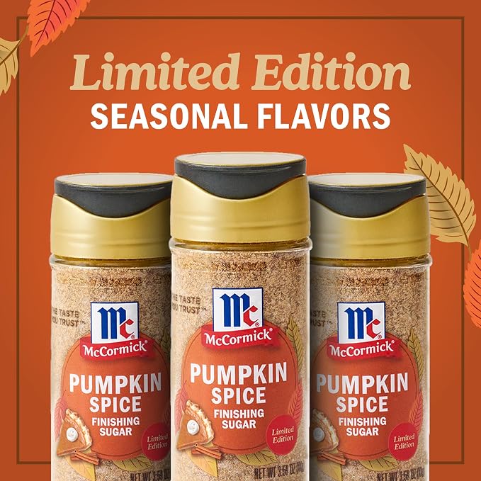 McCormick Finishing Sugar, Pumpkin Spice, Limited Edition, Sweet Blend of Warm Pumpkin Spices, The Perfect Finish for Cookies, Muffins, Pancakes, Bread, and More, 3.66 oz (Pack of 2)