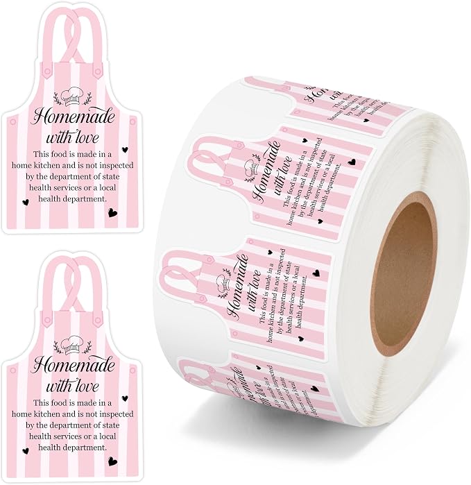 PANTIDE 500 Count Cottage Food Law Labels Sticker Pink Apron Shaped | Homemade with Love, Waterproof Adhesive Decal Roll, Made in A Home Kitchen Inspection Statement, Food Packaging, 2 x 1.2 Inch