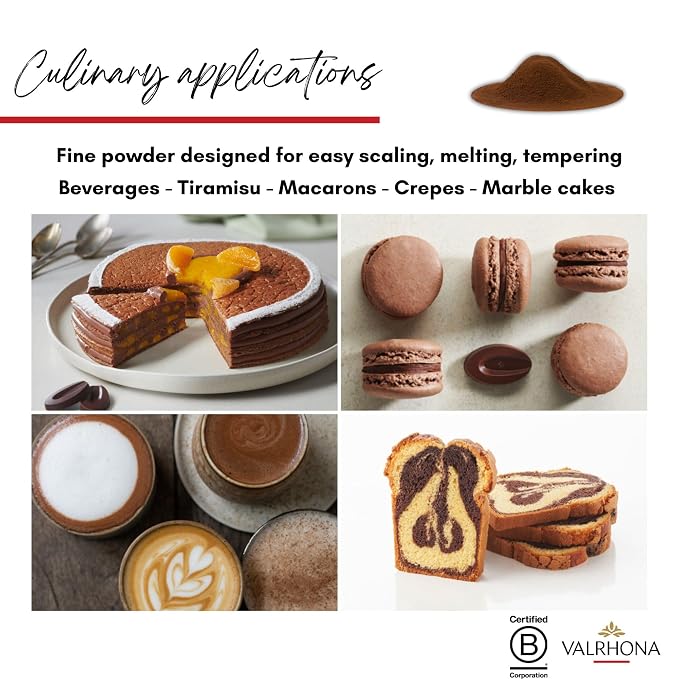 Valrhona Dutch Processed French Cocoa Powder. Chef’s Choice Cocoa Powder. Warm, Red Color, Pure, Dark, Intense Flavor. Poudre de Cacao. Great for Desserts and Hot Chocolate. Kosher. 250g (Pack of 1)