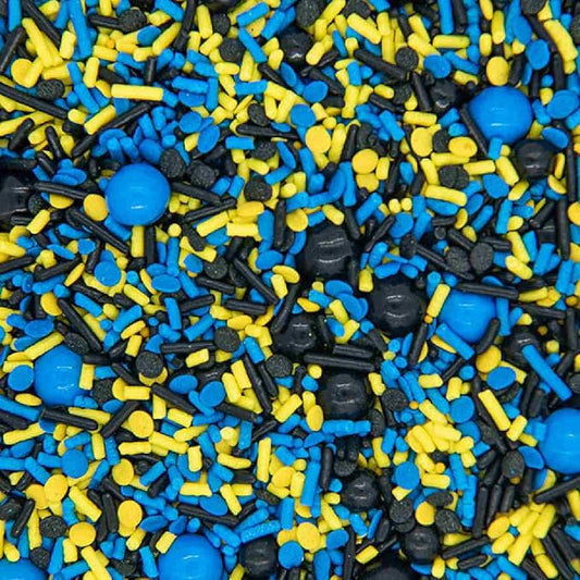 Batman Cake Decorations Sprinkles for Cake Decorating and Baking Cupcakes - Fancy Sprinkles for Cupcake Decorating and Sprinkle Decorations in Blue and Yellow Jimmies with Black Sugar Pearl Sprinkles