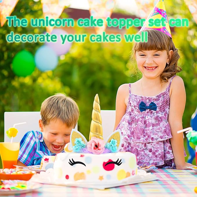 Zkptops Unicorn Cake Topper Birthday Party Supplies Unicorn Birthday Decorations Gold Horn Cake Topper Accessory with Eyelashes Cute Handmade Reusable Cake Toppers for Girls Kids Women 5.8 Inch