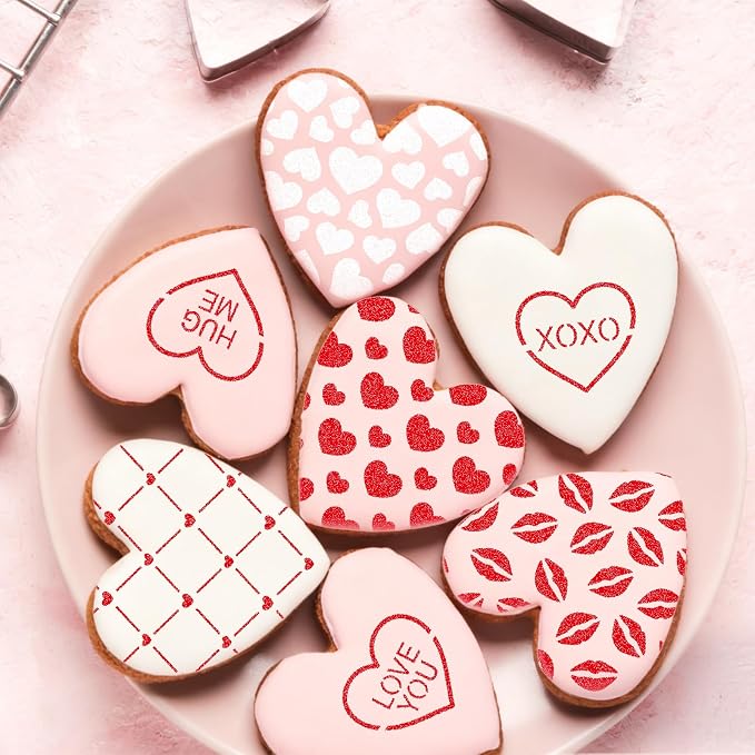Whaline 15 Pcs Valentine's Day Cookie Stencils Painting Stencils Love Heart Shaped Decorative Cake Baking Templates with Bead Chain for Mother's Day Party DIY Craft Decor, 4.7 x 5.1 Inch