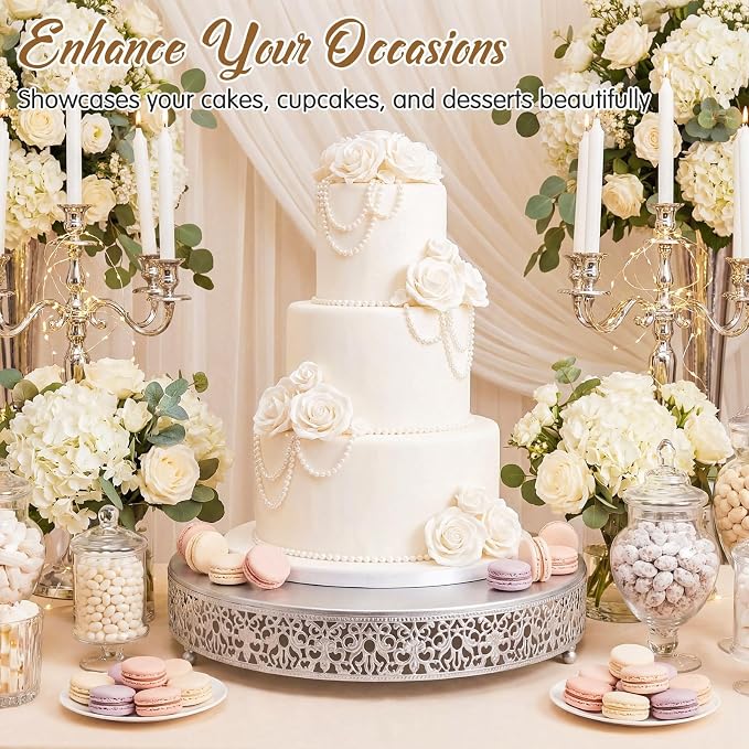 Wenqik 16 Inch Silver Cake Stand Set Metal Round Cupcake Dessert Stand with Cake Cutting, Spatula Wedding Cupcake Pastry Display Candy Holder Display for Wedding Party Birthday Baby Shower(Classic)